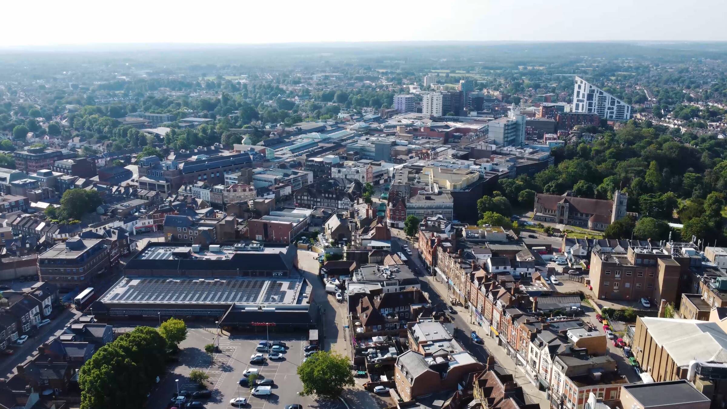 Bromley town centre from the air – the High Street, the Glades and the town's green spaces