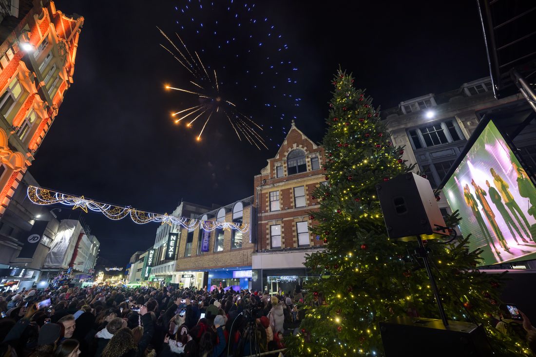 Fireworks over the Christmas tree at the Bromley Switch-On